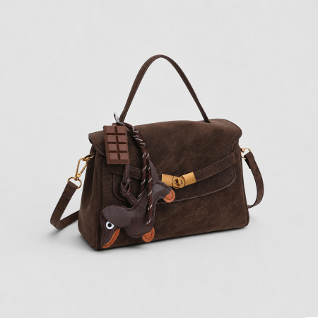 Vintage-Stil-Tragetasche aus Wildleder in Unifarbe mit Metallbeschlägen (Der Taschenanhänger ist nicht im Lieferumfang enthalten.) 2