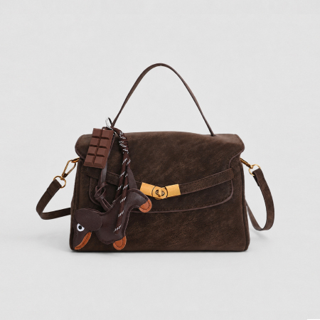 Vintage-Stil-Tragetasche aus Wildleder in Unifarbe mit Metallbeschlägen (Der Taschenanhänger ist nicht im Lieferumfang enthalten.)
