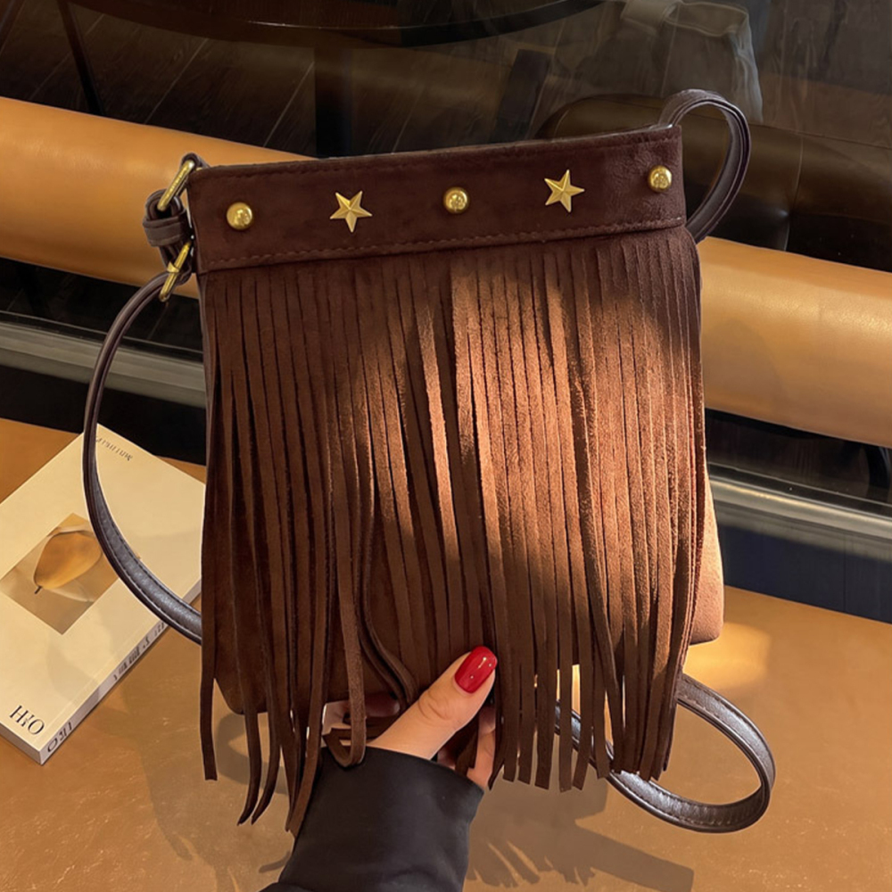 Streetwear Style Studded Tassel Rivet Imitation Suede Women's Shoulder Bags h5Picture4