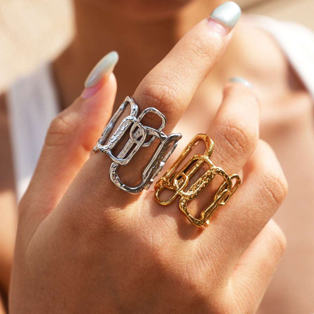 Simple Series Daily Irregular Shape Rectangle Stainless Steel Waterproof   Gold Color  Statement Rings Picture2