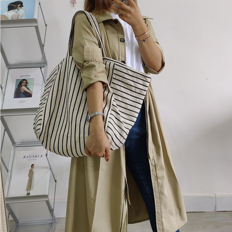 Casual Style None Stripe Canvas Women's Tote Bag Shoulder Bags h5Picture6