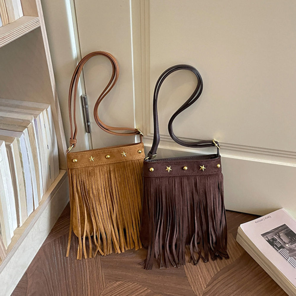 Streetwear Style Studded Tassel Rivet Imitation Suede Women's Shoulder Bags h5Picture3