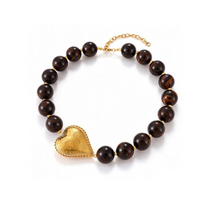 Simple Series Retro Heart Beads Gradient Color Stainless Steel Waterproof   Gold Color  Women's Beaded Necklaces