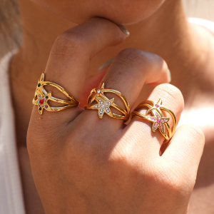 Simple Series Daily Starfish Stainless Steel Waterproof   Gold Color  Rhinestone Statement Rings h5 Picture3