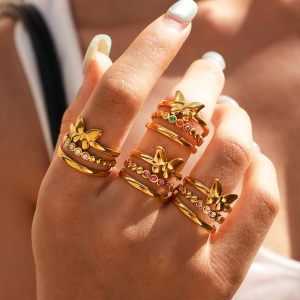 Simple Series Daily Butterfly Stainless Steel Waterproof   Gold Color  Zircon Statement Rings h5 Picture3
