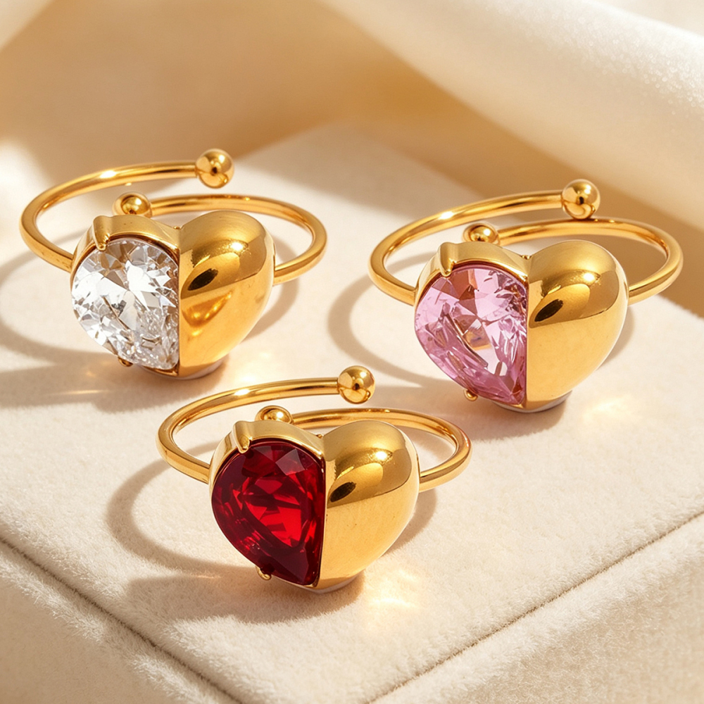 Simple Series Daily Heart Stainless Steel Waterproof   Gold Color  Zircon Gemstone Rings Picture2