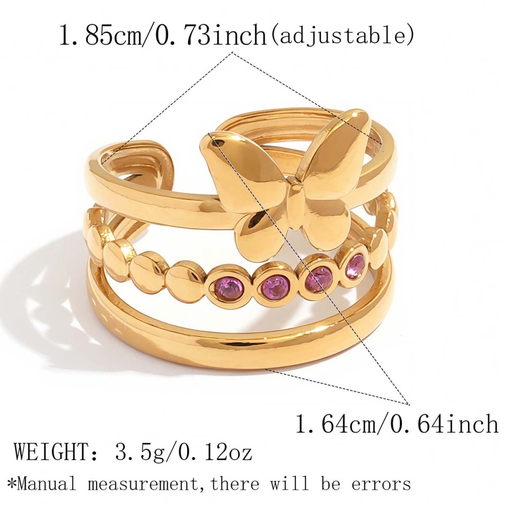 Simple Series Daily Butterfly Stainless Steel Waterproof   Gold Color  Zircon Statement Rings 