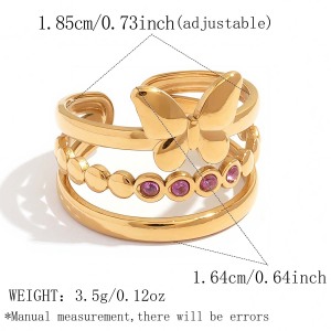 Simple Series Daily Butterfly Stainless Steel Waterproof   Gold Color  Zircon Statement Rings h5 