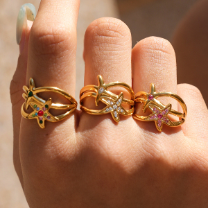 Simple Series Daily Starfish Stainless Steel Waterproof   Gold Color  Rhinestone Statement Rings h5 Picture5