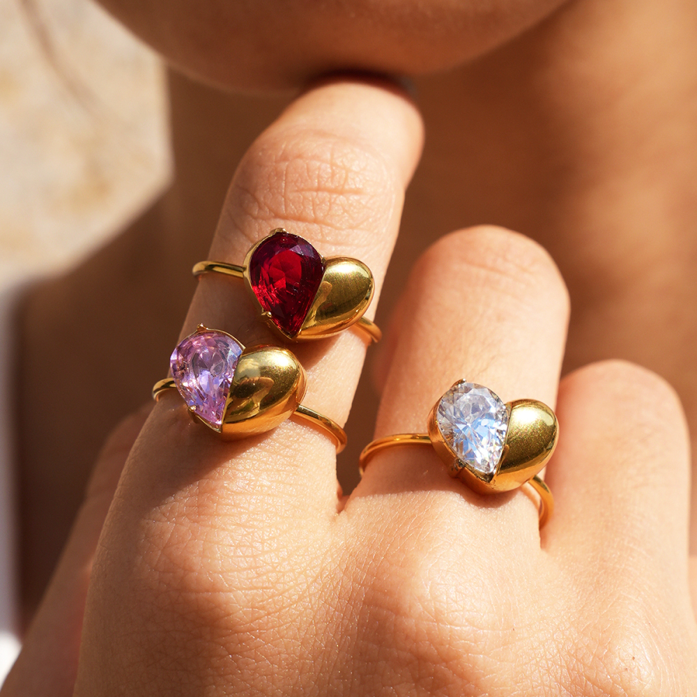 Simple Series Daily Heart Stainless Steel Waterproof   Gold Color  Zircon Gemstone Rings Picture3