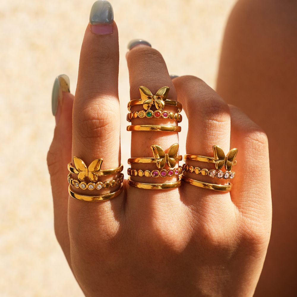 Simple Series Daily Butterfly Stainless Steel Waterproof   Gold Color  Zircon Statement Rings Picture2