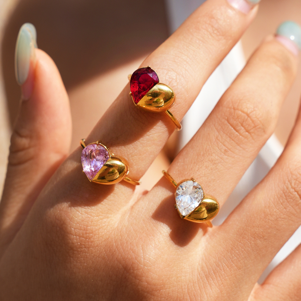Simple Series Daily Heart Stainless Steel Waterproof   Gold Color  Zircon Gemstone Rings Picture5