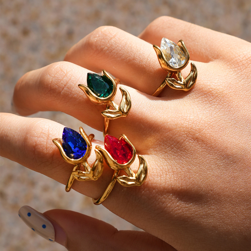 Simple Series Daily Flower Stainless Steel Waterproof   Gold Color  Zircon Statement Rings Picture4