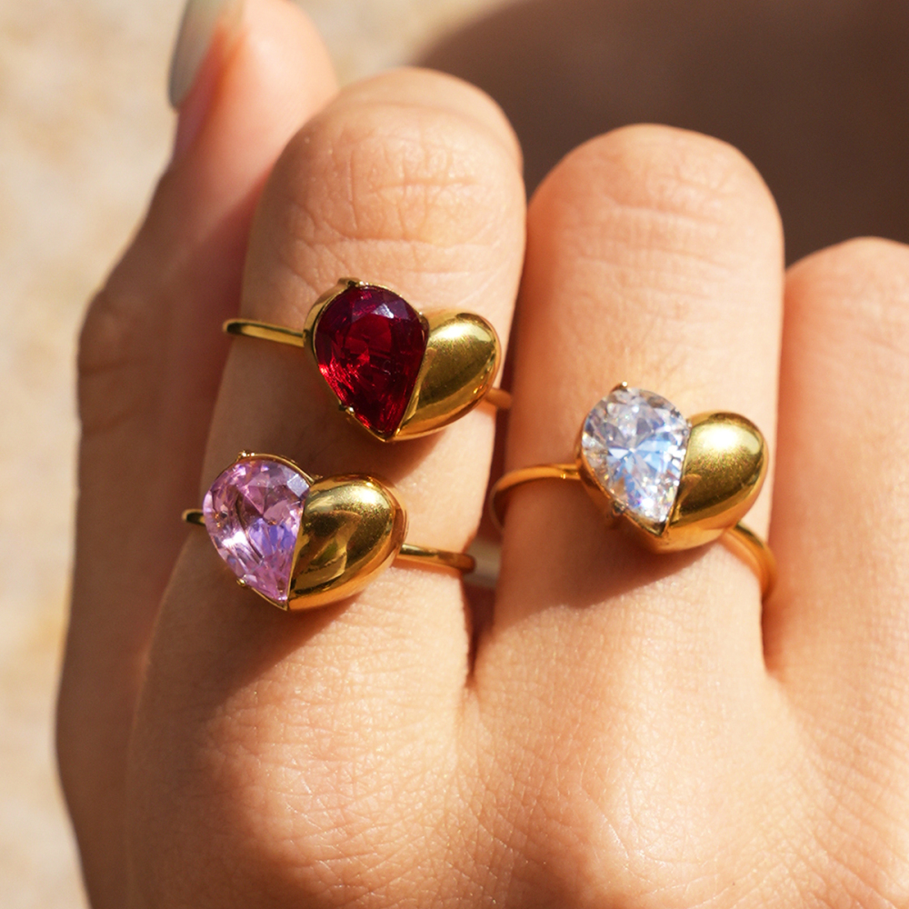 Simple Series Daily Heart Stainless Steel Waterproof   Gold Color  Zircon Gemstone Rings Picture4