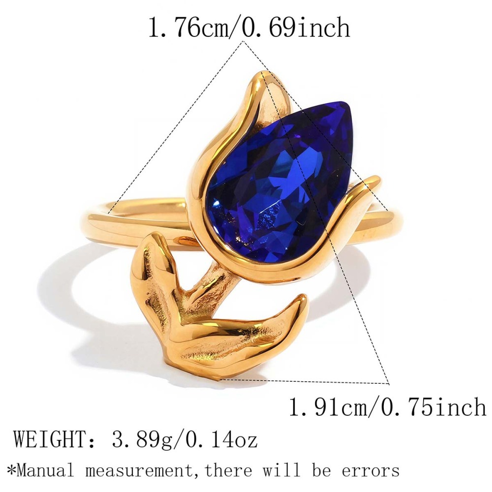 Simple Series Daily Flower Stainless Steel Waterproof   Gold Color  Zircon Statement Rings 