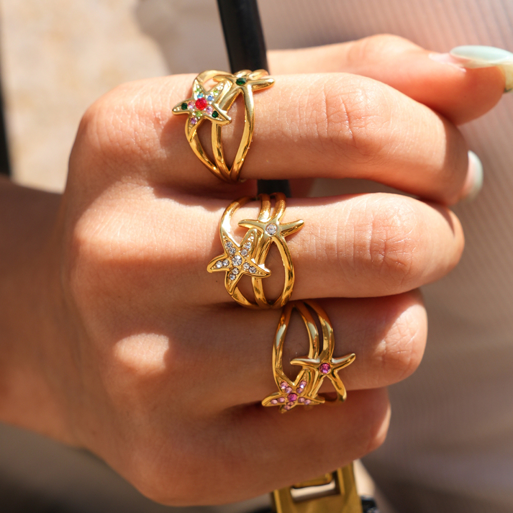Simple Series Daily Starfish Stainless Steel Waterproof   Gold Color  Rhinestone Statement Rings Picture2