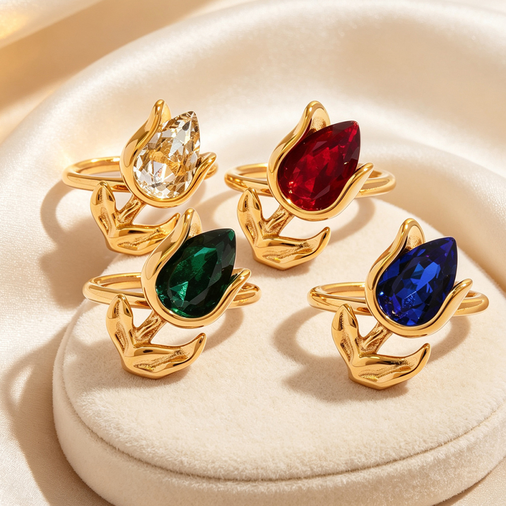 Simple Series Daily Flower Stainless Steel Waterproof   Gold Color  Zircon Statement Rings Picture5