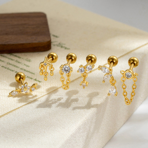 Simple Series Flower Copper   Gold Color  Zircon Women's Piercing Earrings h5 Picture4