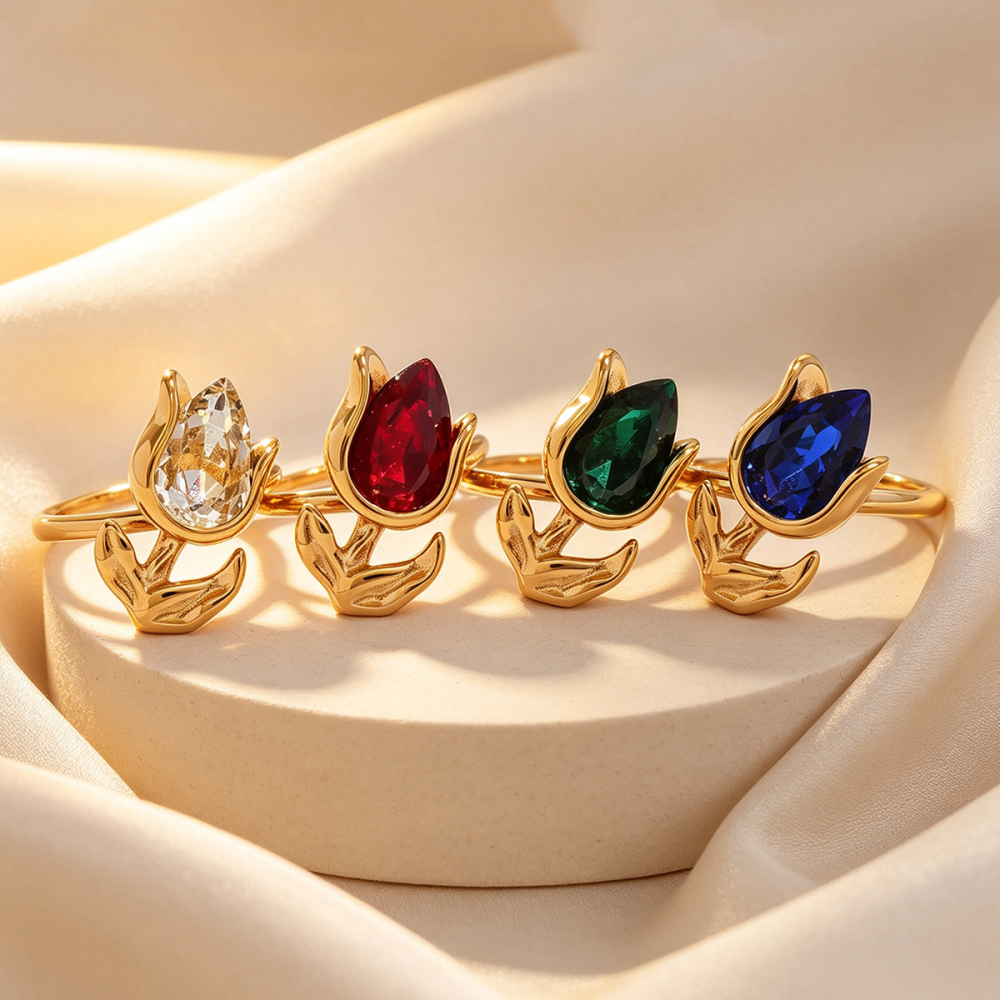 Simple Series Daily Flower Stainless Steel Waterproof   Gold Color  Zircon Statement Rings Picture6