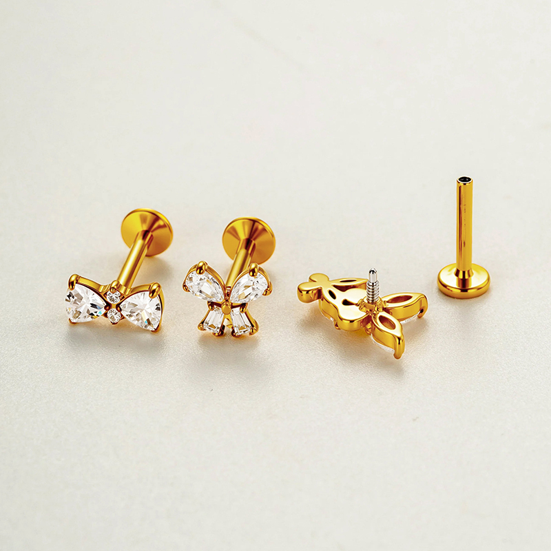 Simple Bow Knot Butterfly Stainless Steel Waterproof   Gold Color  Zircon Women's Piercing Earrings Picture2