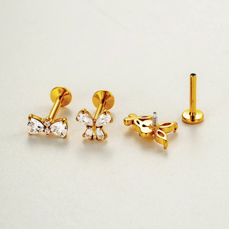 Simple Bow Knot Butterfly Stainless Steel Waterproof   Gold Color  Zircon Women's Piercing Earrings 2