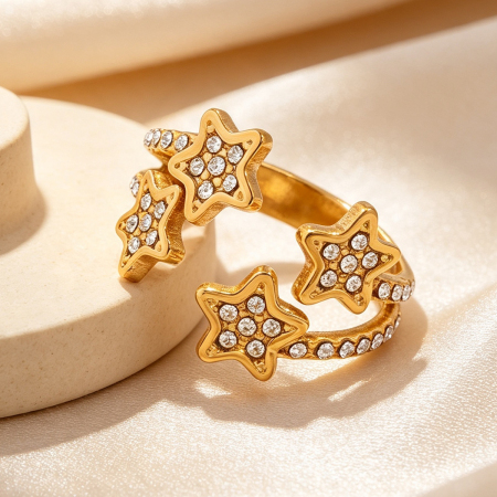 Simple Series Daily Star Stainless Steel Waterproof Gold Color Rhinestone Statement Rings