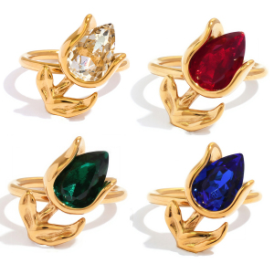 Simple Series Daily Flower Stainless Steel Waterproof   Gold Color  Zircon Statement Rings h5 Picture7