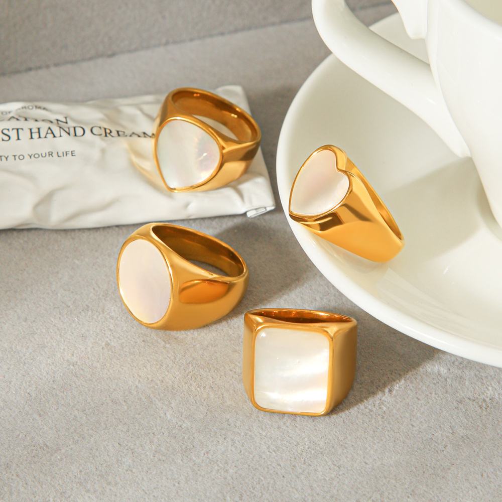 Simple Series Daily Heart Circle Rectangle Stainless Steel Waterproof   Gold Color  Shell Statement Rings Picture3