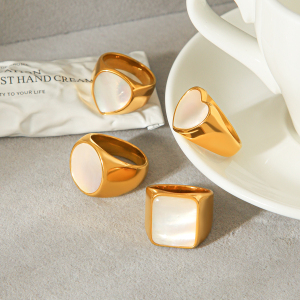 Simple Series Daily Heart Circle Rectangle Stainless Steel Waterproof   Gold Color  Shell Statement Rings h5 Picture3