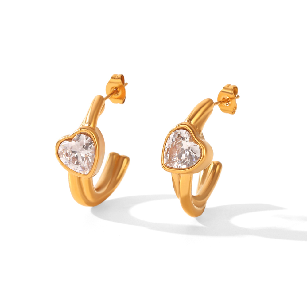 Simple Series Daily Lines Stainless Steel Waterproof Gold Color Zircon Women's Stud Earrings