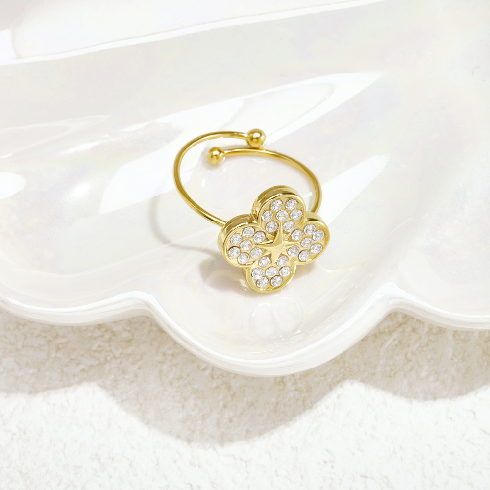 Flower Stainless Steel Waterproofgold Color Zircon Statement Rings Picture3