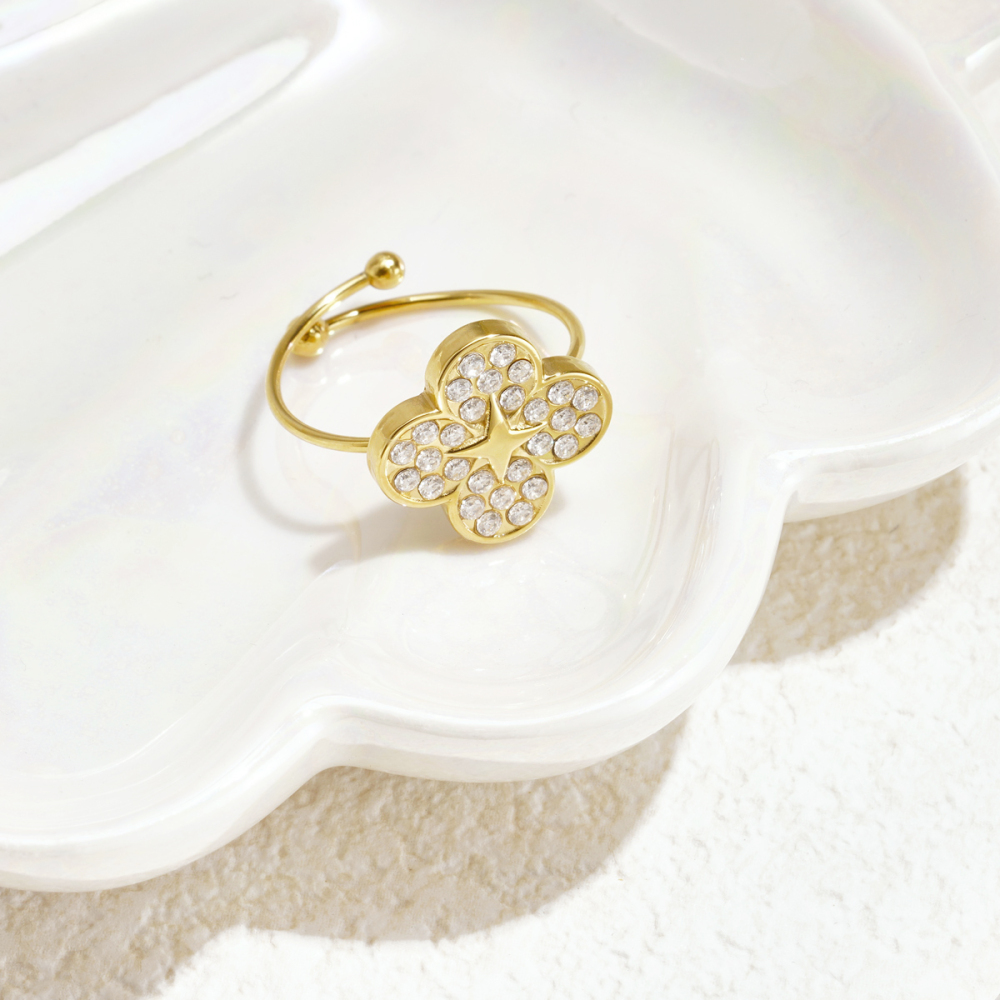 Flower Stainless Steel Waterproofgold Color Zircon Statement Rings Picture2