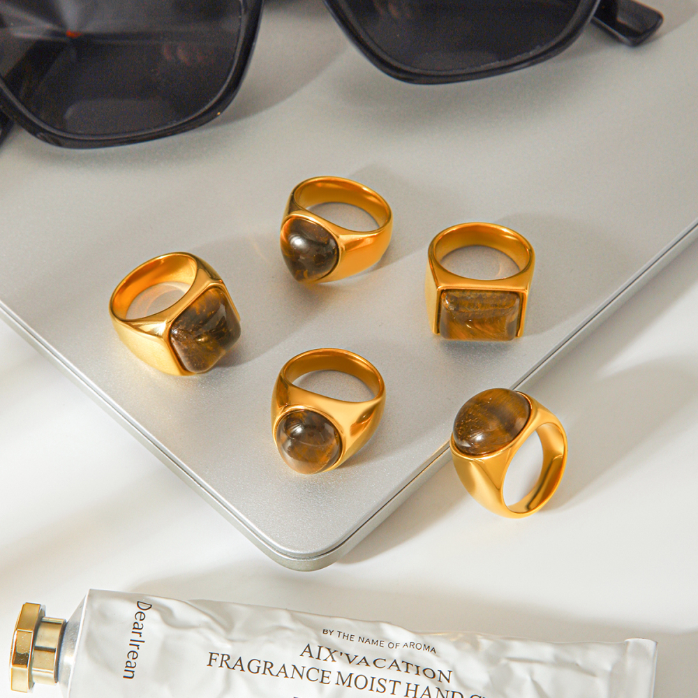 Luxurious Series Daily Droplet Circle Stainless Steel Waterproof Gold Color Natural Stone Women's Gemstone Rings Picture5