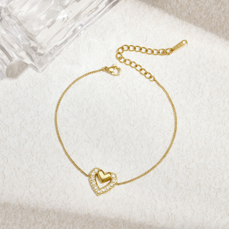 Sweet Heart Stainless Steel Waterproof Gold Color Zircon Women's Charm Bracelets
