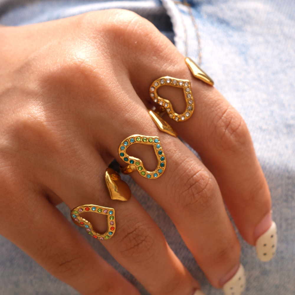 Heart Stainless Steel Waterproof Gold Color Zircon Statement Rings Picture4