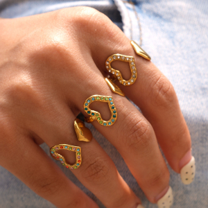 Heart Stainless Steel Waterproof Gold Color Zircon Statement Rings h5 Picture4