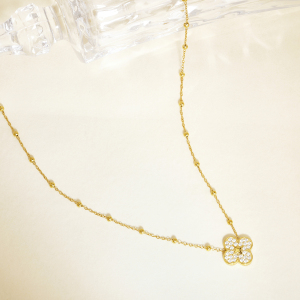 Flower Stainless Steel Waterproof Gold Color Zircon Women's Pendant Necklaces h5 Picture2