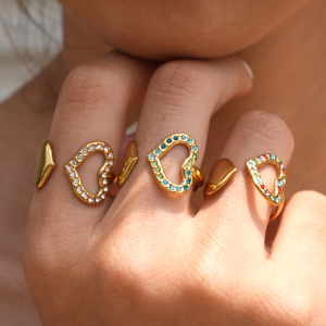 Heart Stainless Steel Waterproof Gold Color Zircon Statement Rings h5 Picture2