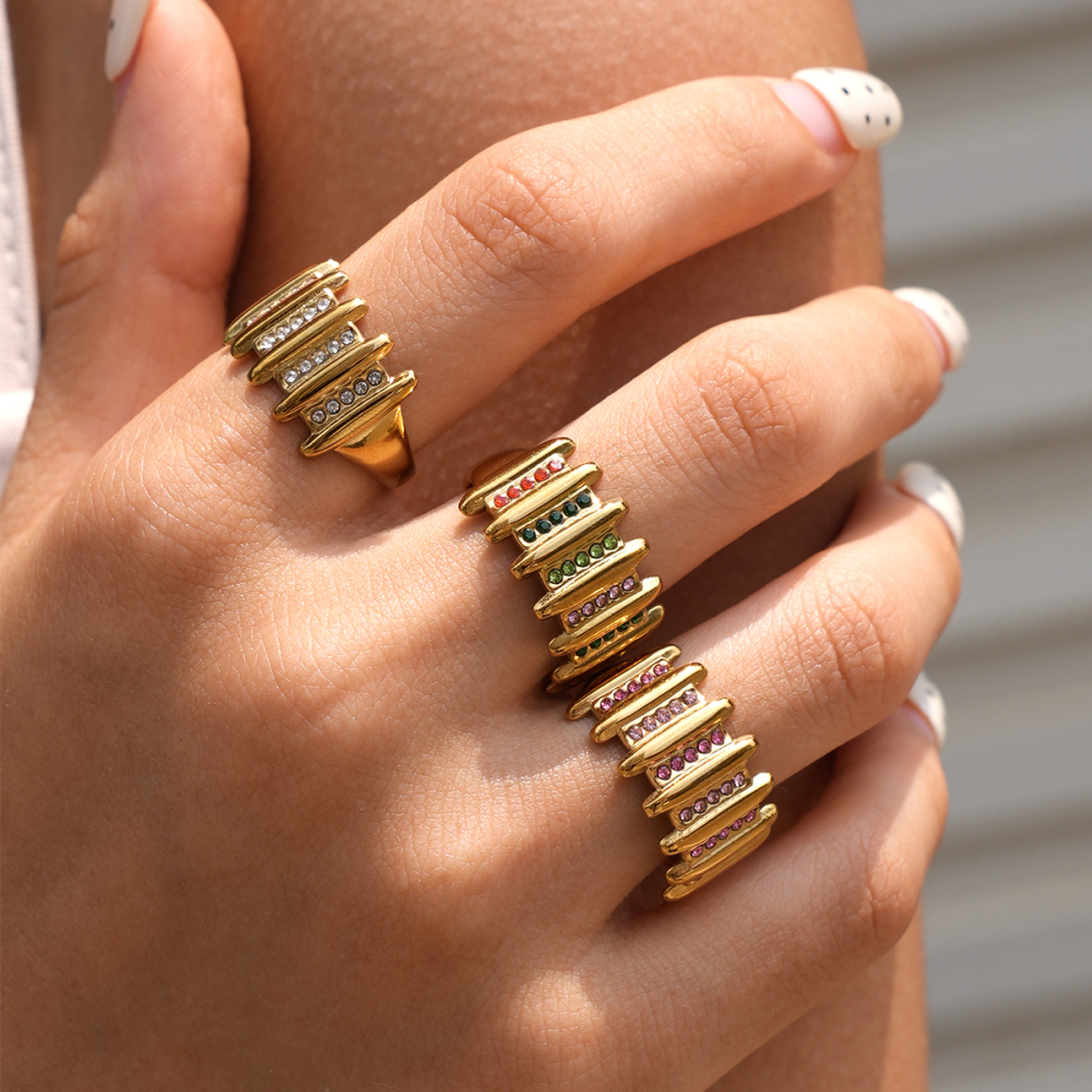 Stainless Steel Waterproof Gold Color Zircon Statement Rings Picture2