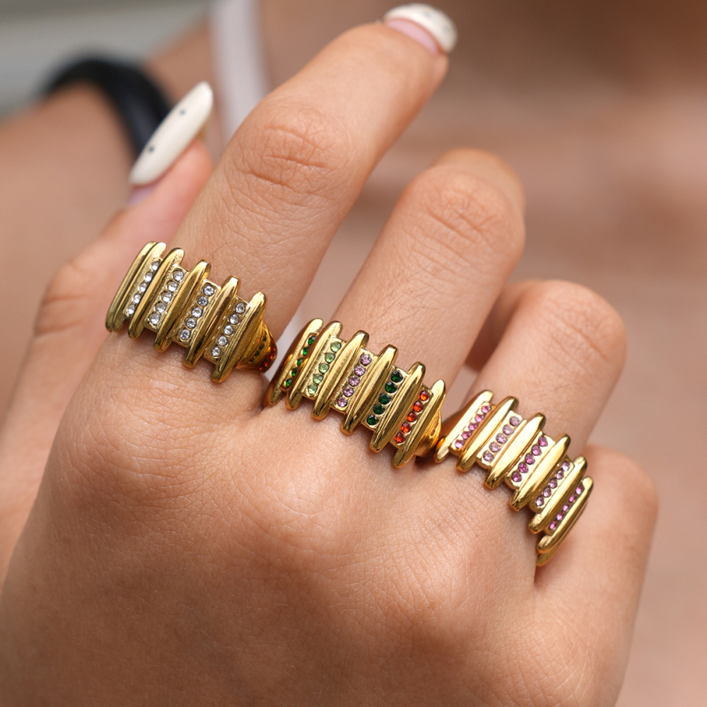 Stainless Steel Waterproof Gold Color Zircon Statement Rings Picture3