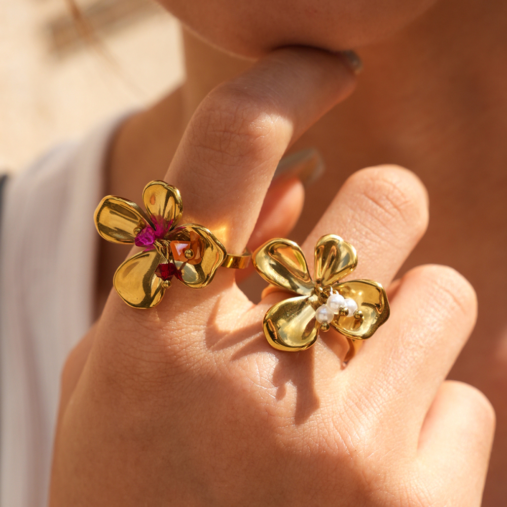 Flower Stainless Steel Waterproof Gold Color Zircon Artificial Pearl Statement Rings Picture2