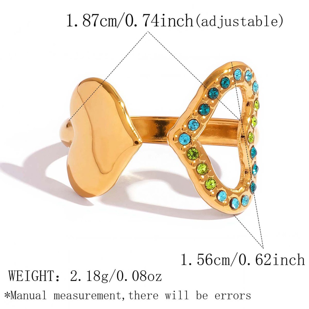 Heart Stainless Steel Waterproof Gold Color Zircon Statement Rings 