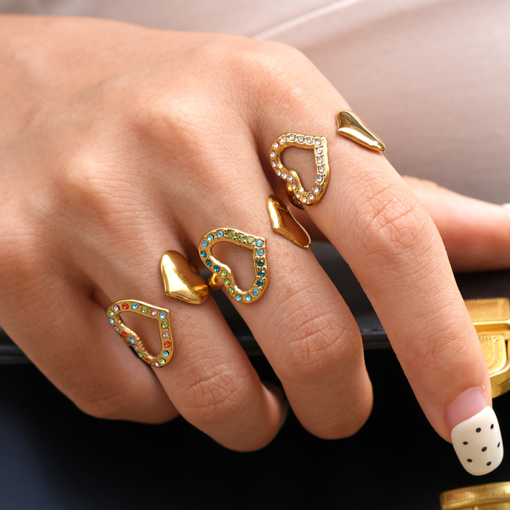 Heart Stainless Steel Waterproof Gold Color Zircon Statement Rings Picture3