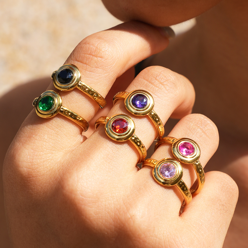 Circle Stainless Steel Waterproof Gold Color Zircon Gemstone Rings Picture4
