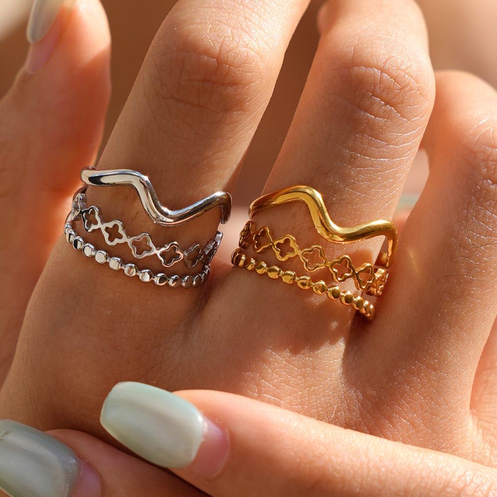 Simple Series Daily Clover Stainless Steel Waterproof Gold Color Statement Rings Picture6