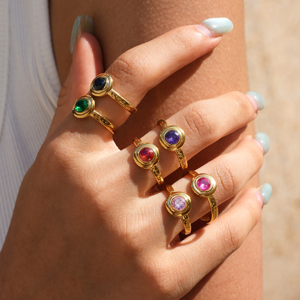 Circle Stainless Steel Waterproof Gold Color Zircon Gemstone Rings Picture3