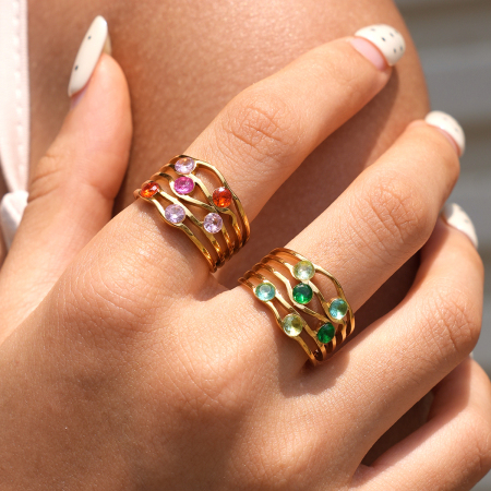 Simple Series Daily Irregular Shape Stainless Steel Waterproof Gold Color Zircon Statement Rings