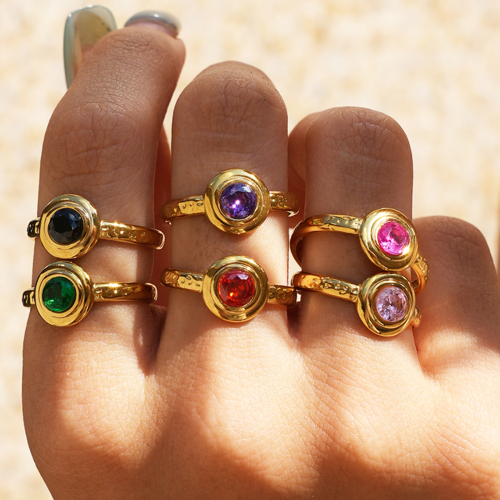 Circle Stainless Steel Waterproof Gold Color Zircon Gemstone Rings Picture2