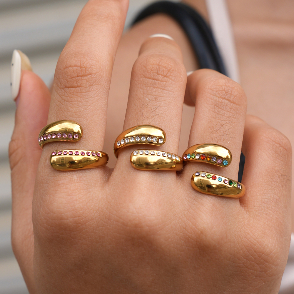 Simple Series Daily Irregular Shape Stainless Steel Waterproof   Gold Color  Rhinestone Statement Rings Picture3
