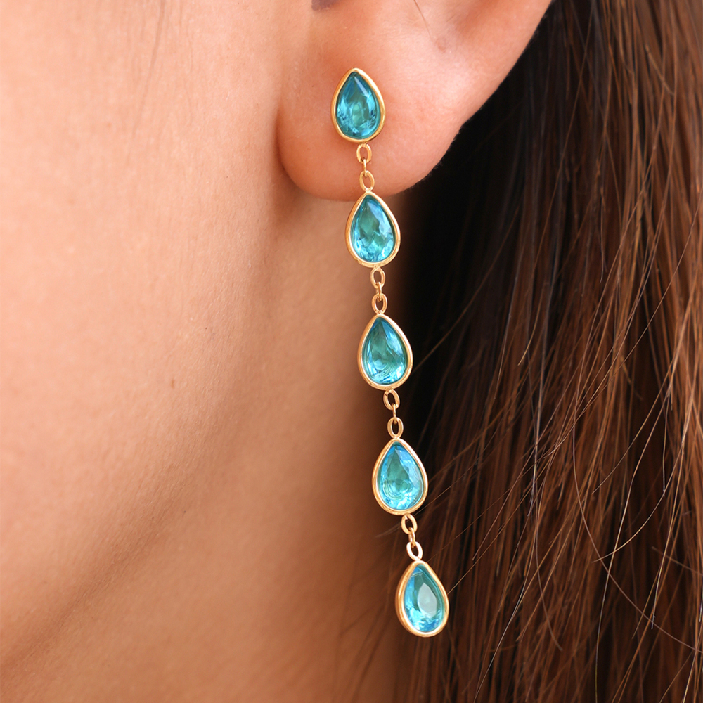 Droplet Stainless Steel Waterproof Gold Color Zircon Women's Dangle Earrings Picture2
